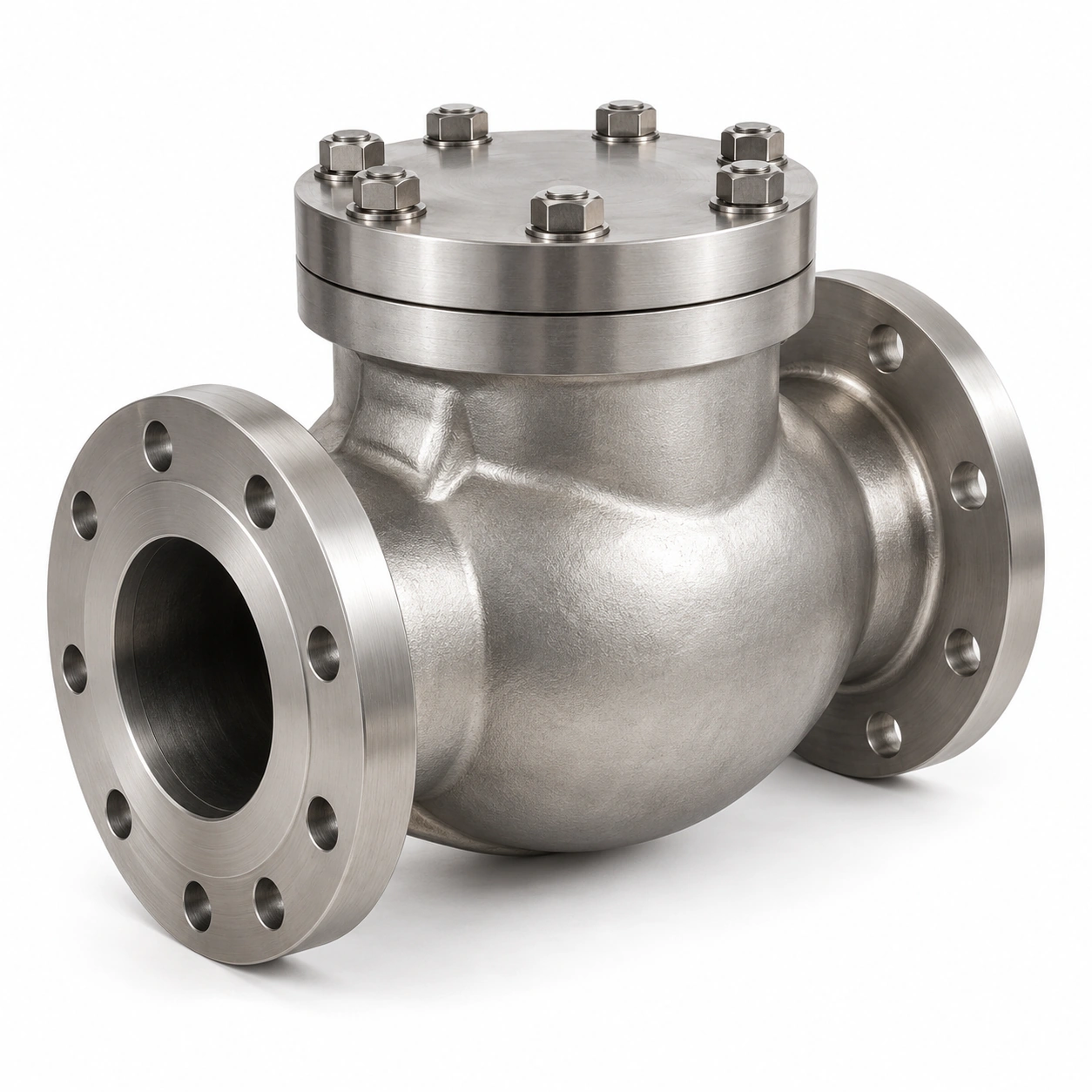 Cryogenic piston check valve - illustrative assembly, a flanged inline piston-check body with a bolted cap