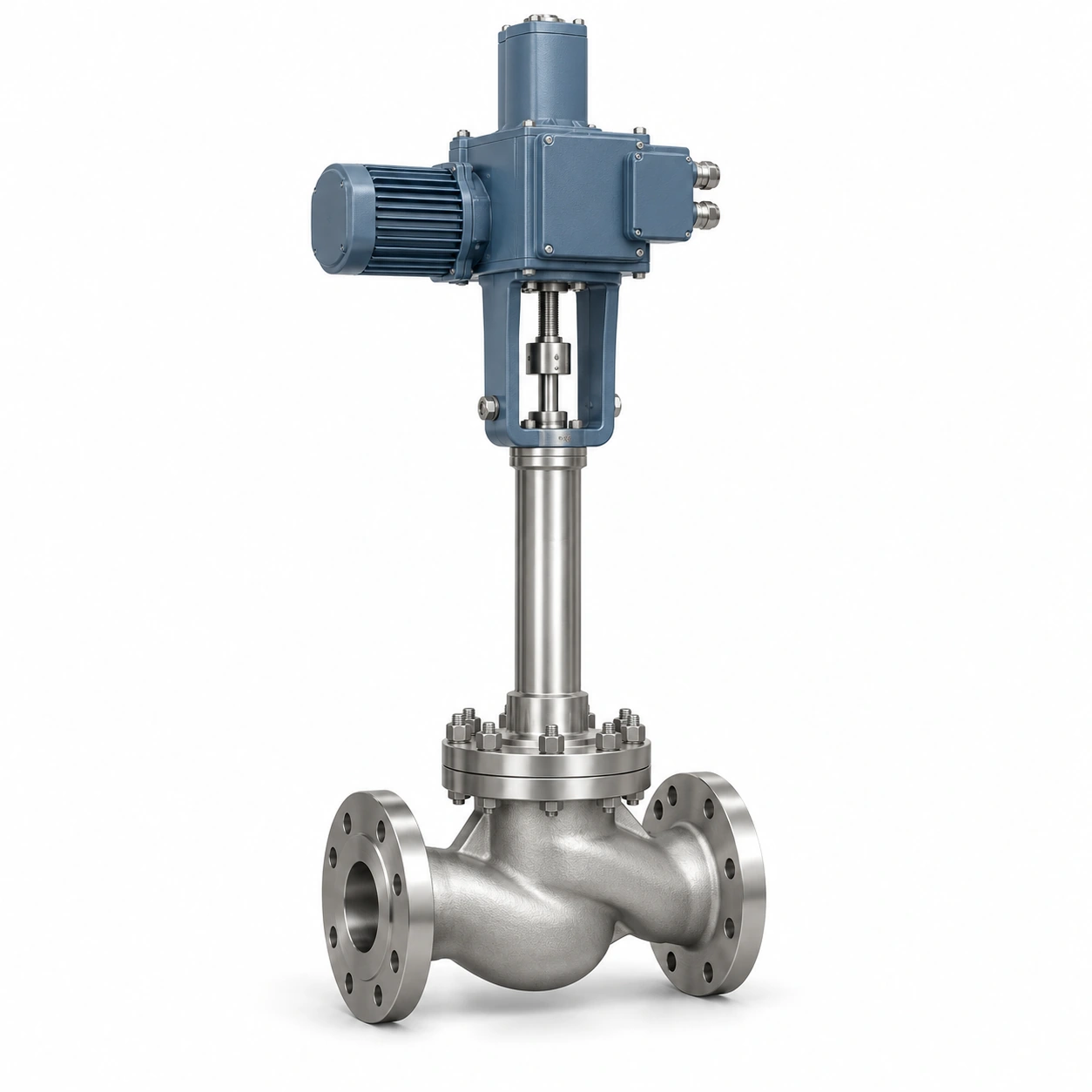 Electric cryogenic control valve - illustrative assembly, two RF flanged line connections