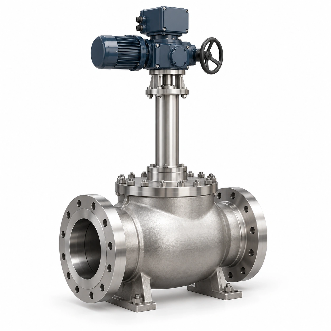 Electric top-entry cryogenic trunnion ball valve - illustrative assembly, two RF flanged line connections