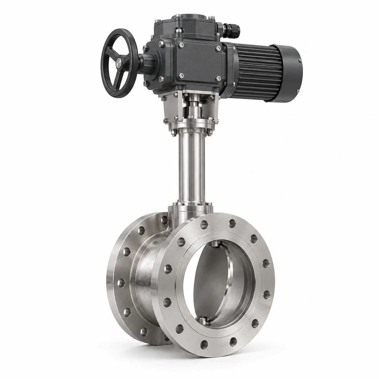 Electric cryogenic triple-offset butterfly valve - illustrative assembly, a double-flanged butterfly body, open disc, long shaft extension and electric drive