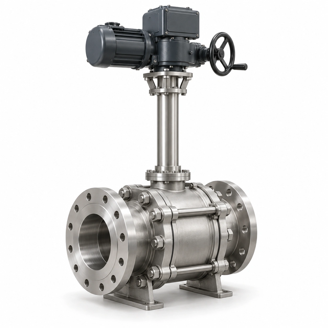 Electric side-entry cryogenic trunnion ball valve - illustrative assembly, two RF flanged line connections