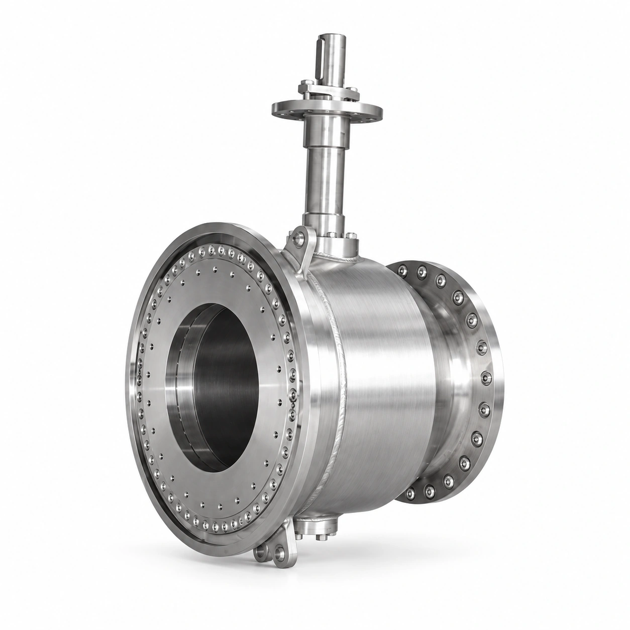 Large-bore cryogenic emergency release valve - reference-based product illustration showing a large inline cylindrical body with annular flanged ends, an open bore and a bare extended shaft with an upper mounting flange
