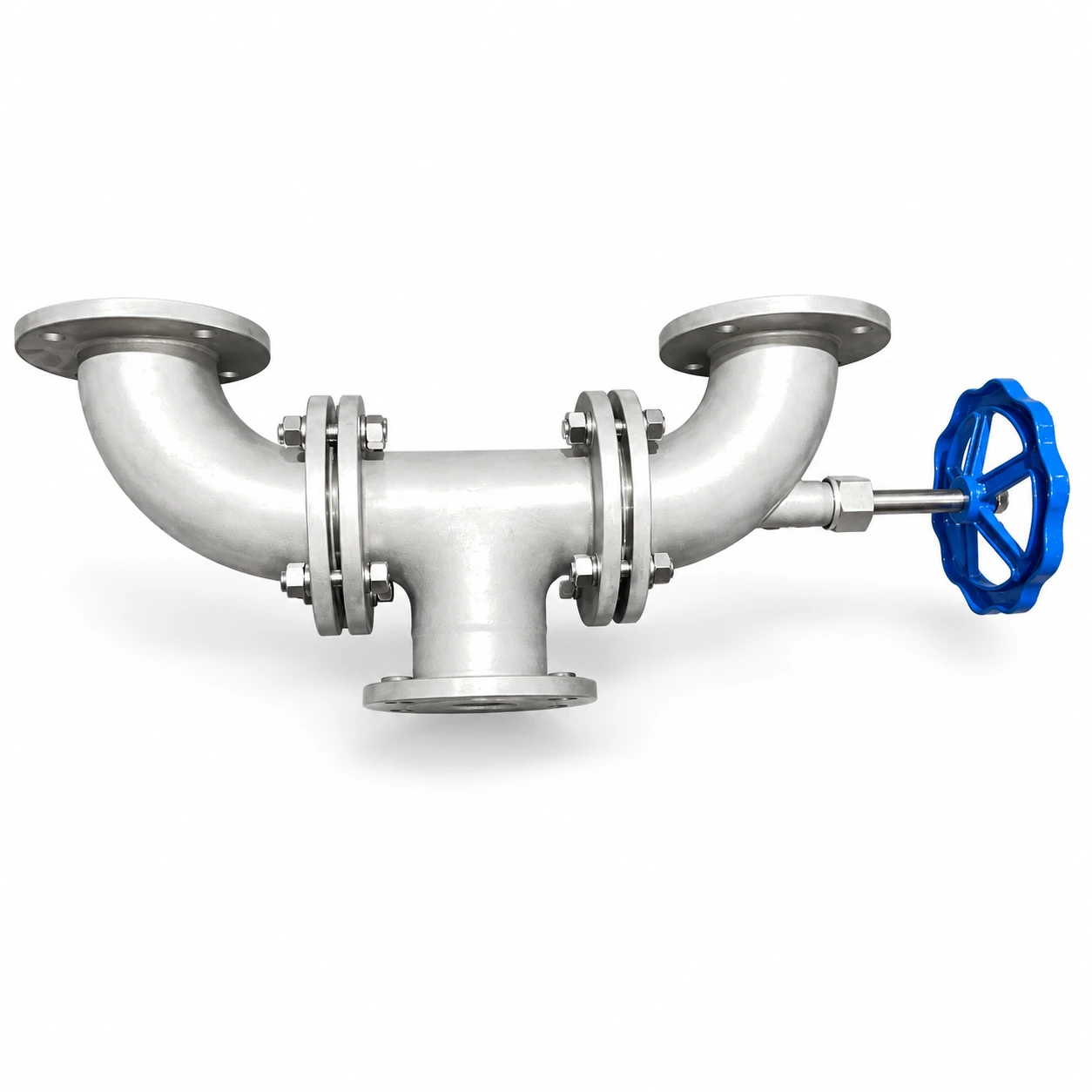 Flanged three-way globe valve — reference-based product illustration, Flanged