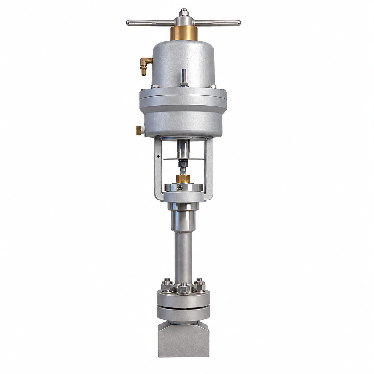 High-pressure cryogenic shut-off valve · PN160 - reference-based product illustration showing a compact block body below a bolted bonnet and long neck, with an open-yoke pneumatic cylinder and T-bar manual override