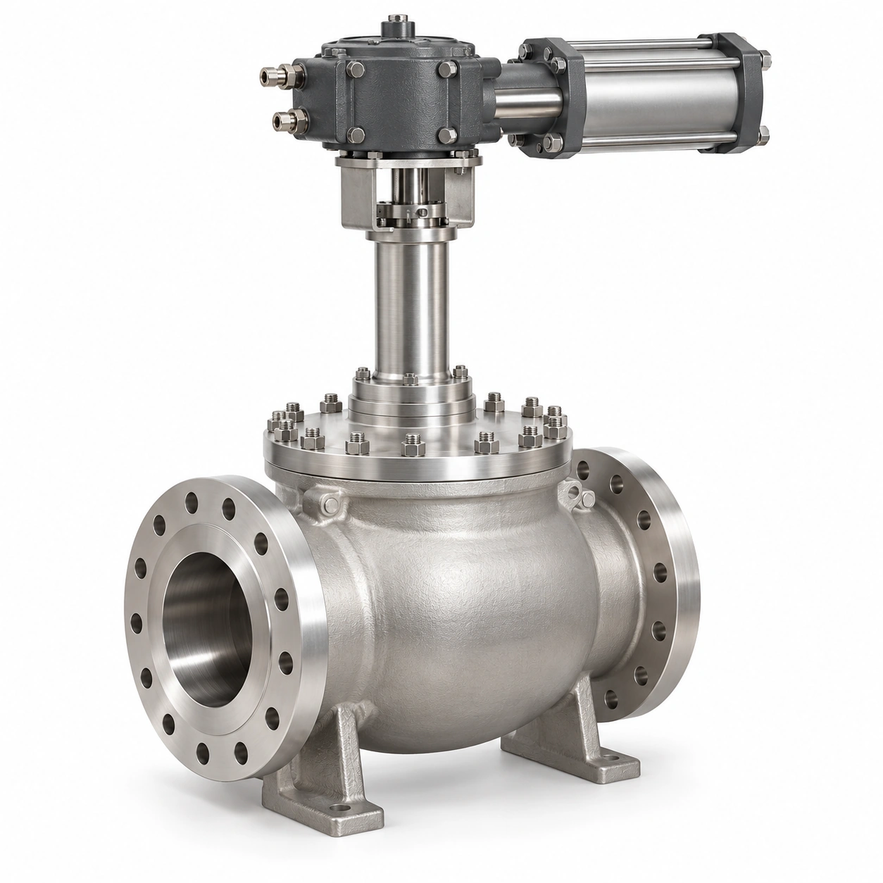 Hydraulic top-entry cryogenic trunnion ball valve - illustrative assembly, two RF flanged line connections
