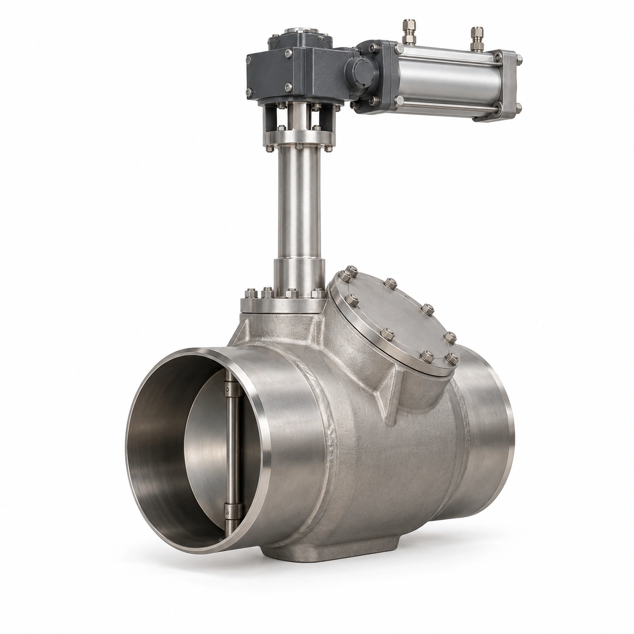 Hydraulic side-top top-entry cryogenic butterfly valve - illustrative assembly, two butt-weld ends, a removable service cover and a hydraulic drive above the cryogenic extension