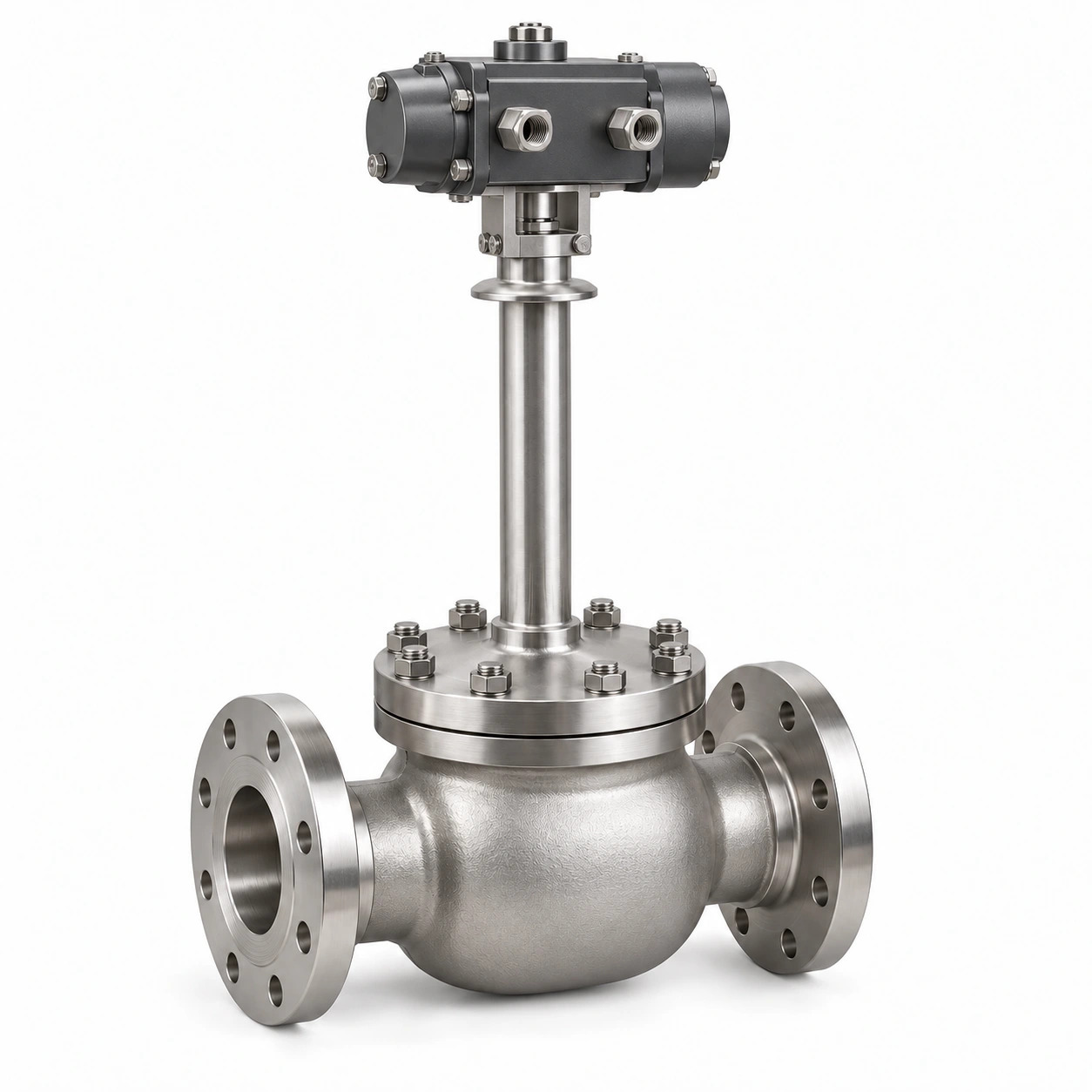 Hydraulic top-entry cryogenic floating ball valve - illustrative assembly, two RF flanged line connections