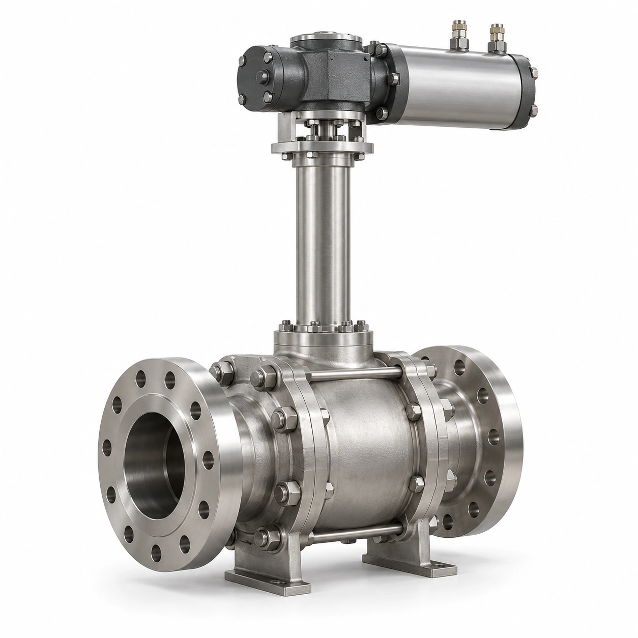 Hydraulic side-entry cryogenic trunnion ball valve - illustrative assembly, two RF flanged line connections