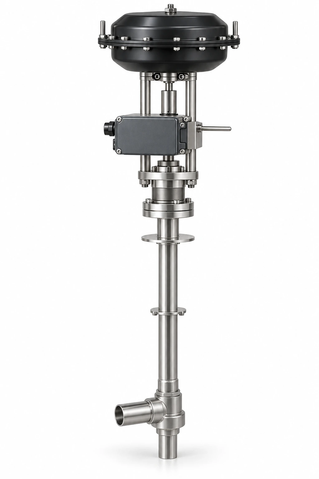 LH2 bellows-sealed angle control valve - illustrative assembly, an angle body with two butt-weld stubs, extended cold section, round diaphragm actuator and side-mounted positioner