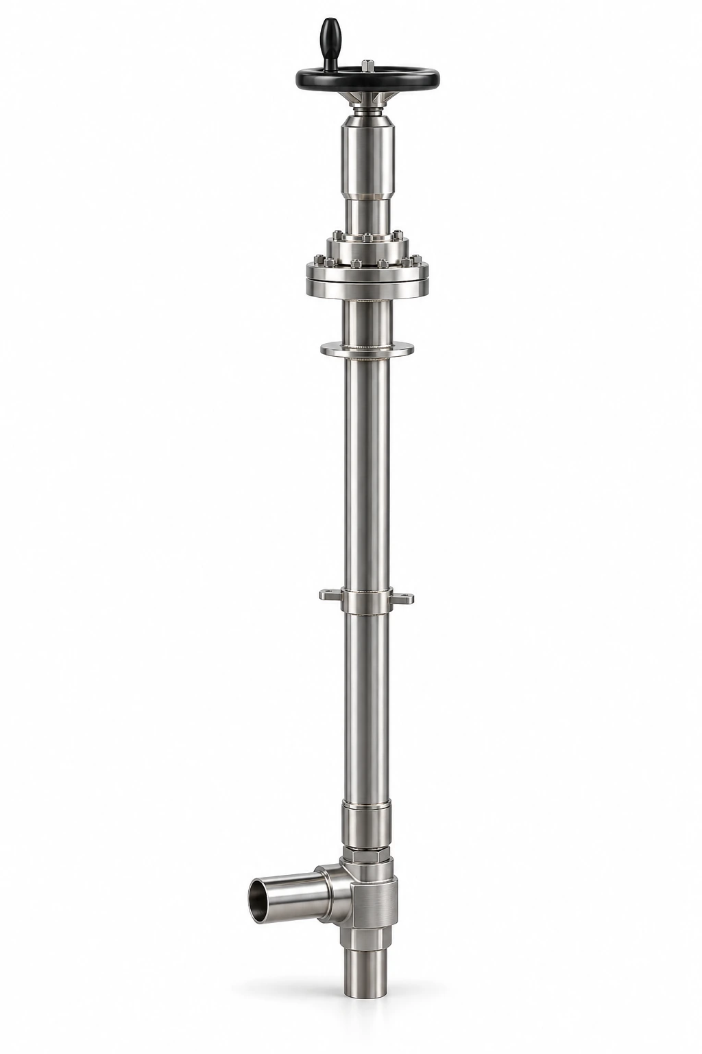 LH2 bellows-sealed angle globe valve - illustrative assembly, an angle body with one horizontal and one downward butt-weld stub, extended bonnet, thermal-intercept disc and manual handwheel