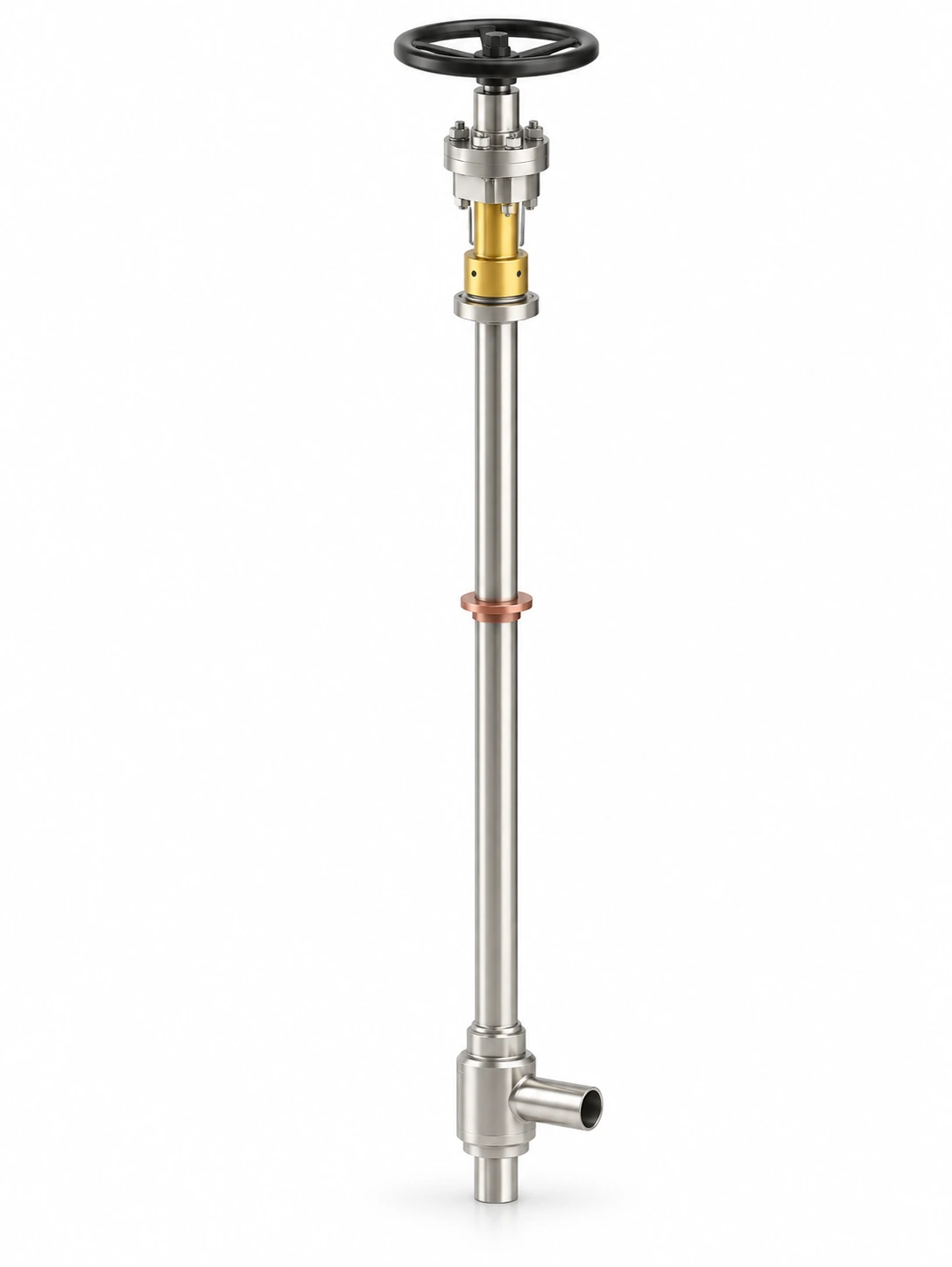 LH2 cold-box bellows shut-off valve - illustrative assembly, an angle body with horizontal and downward butt-weld stubs, long cold extension, thermal-intercept disc and manual handwheel