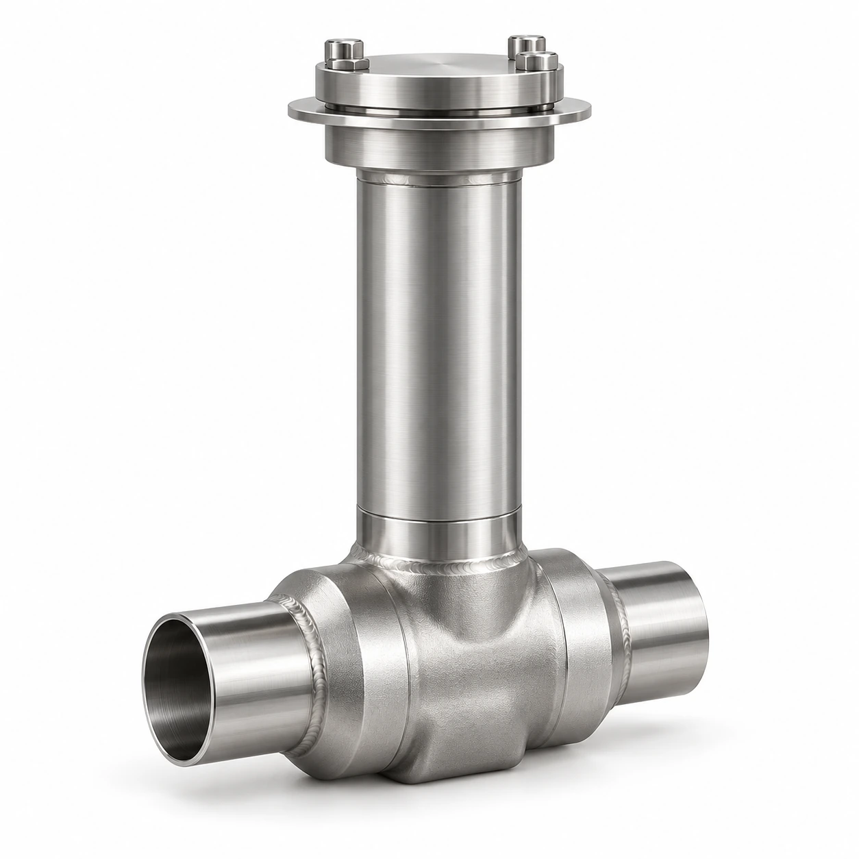 LH2 extended-bonnet spring check valve - illustrative assembly, two opposing butt-weld stubs, a straight pressure body and an extended upright service bonnet with bolted cap; no external operator