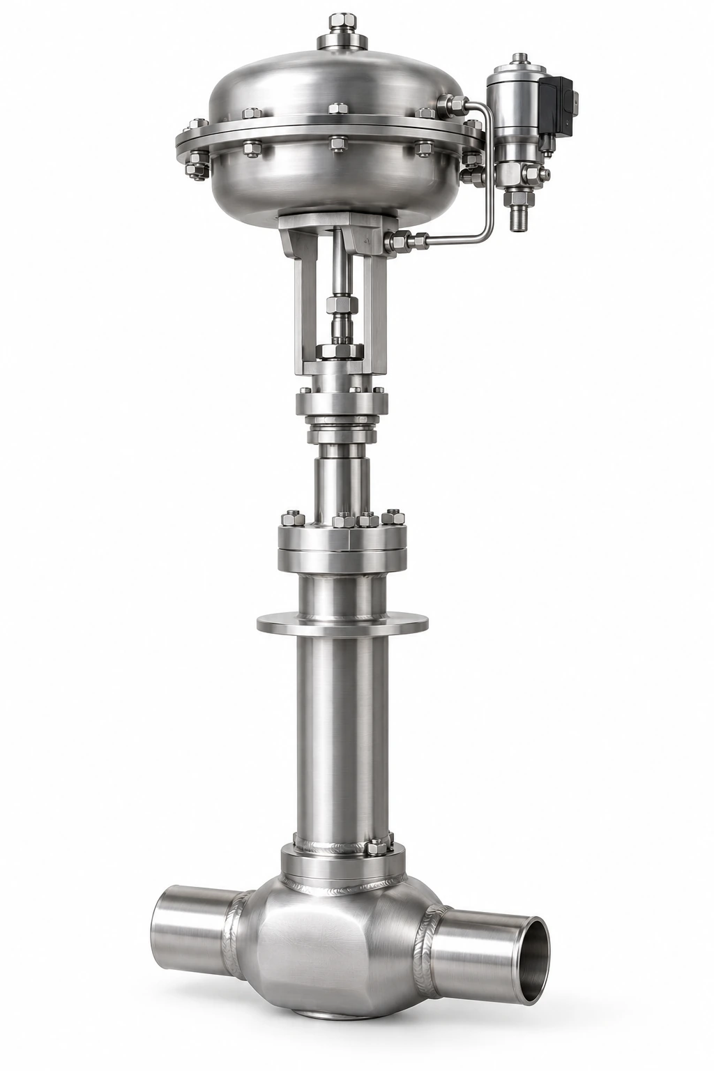 LH2 thermal-barrier pneumatic shut-off valve - illustrative assembly, an inline globe body with two butt-weld stubs, long cold bonnet, pneumatic diaphragm actuator and side-mounted instrument assembly