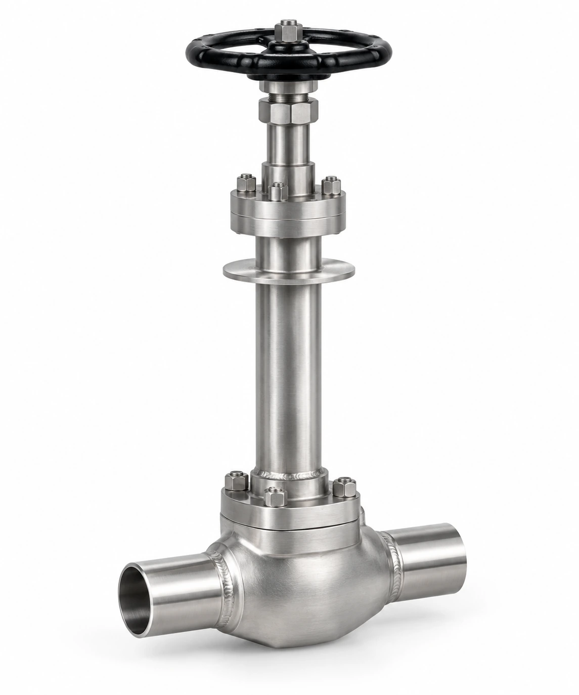 LH2 thermal-barrier globe valve - illustrative assembly, an inline globe body with two butt-weld stubs, extended cold bonnet, vacuum interface disc and manual handwheel