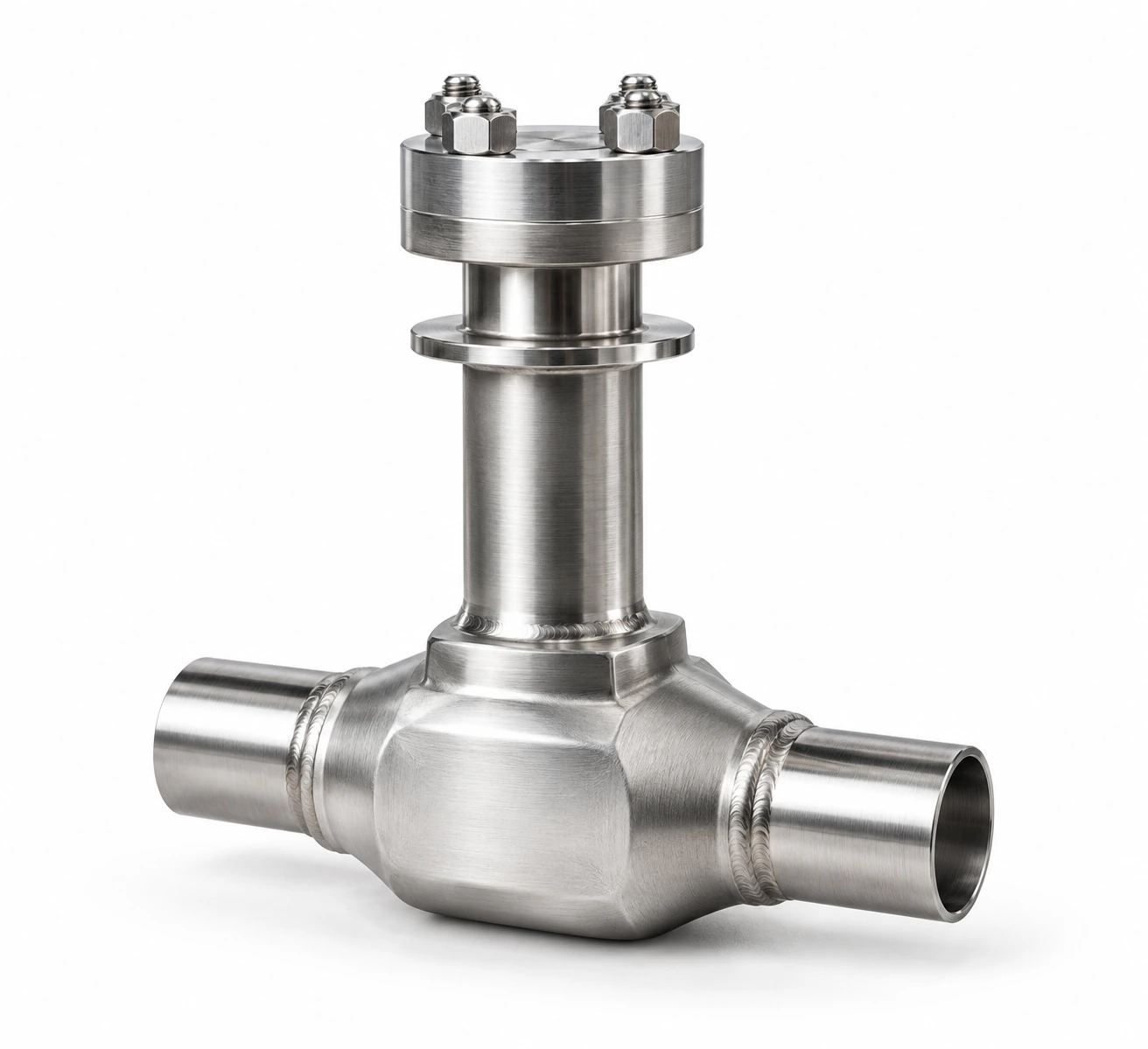 LH2 thermal-barrier lift check valve - illustrative assembly, an inline lift-check body with two butt-weld stubs, an extended service bonnet and bolted top cap; no handwheel or actuator