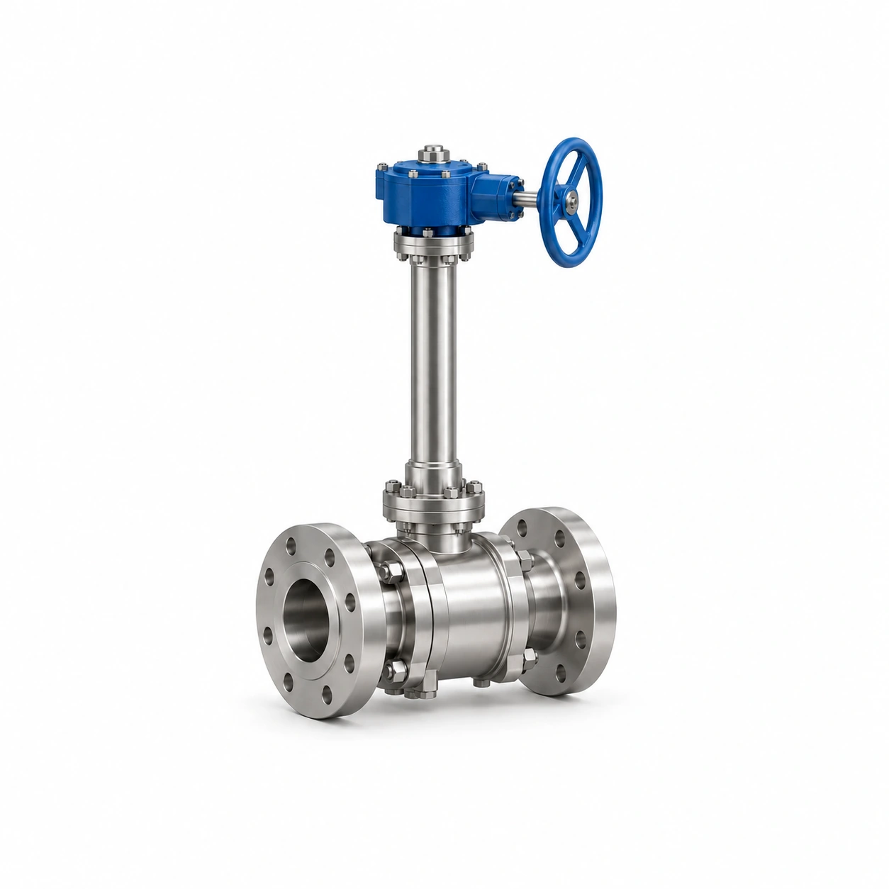 Liquid-hydrogen ball valve - illustrative assembly, a flanged ball body, long cryogenic extension and manual gearbox