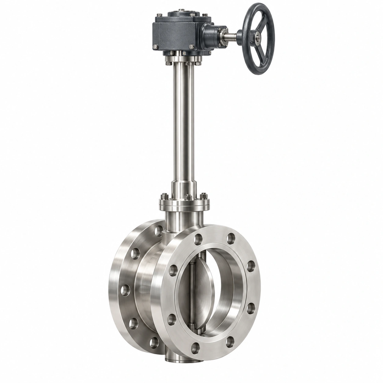 Manual liquid-hydrogen butterfly valve - illustrative assembly, two RF flanged line connections