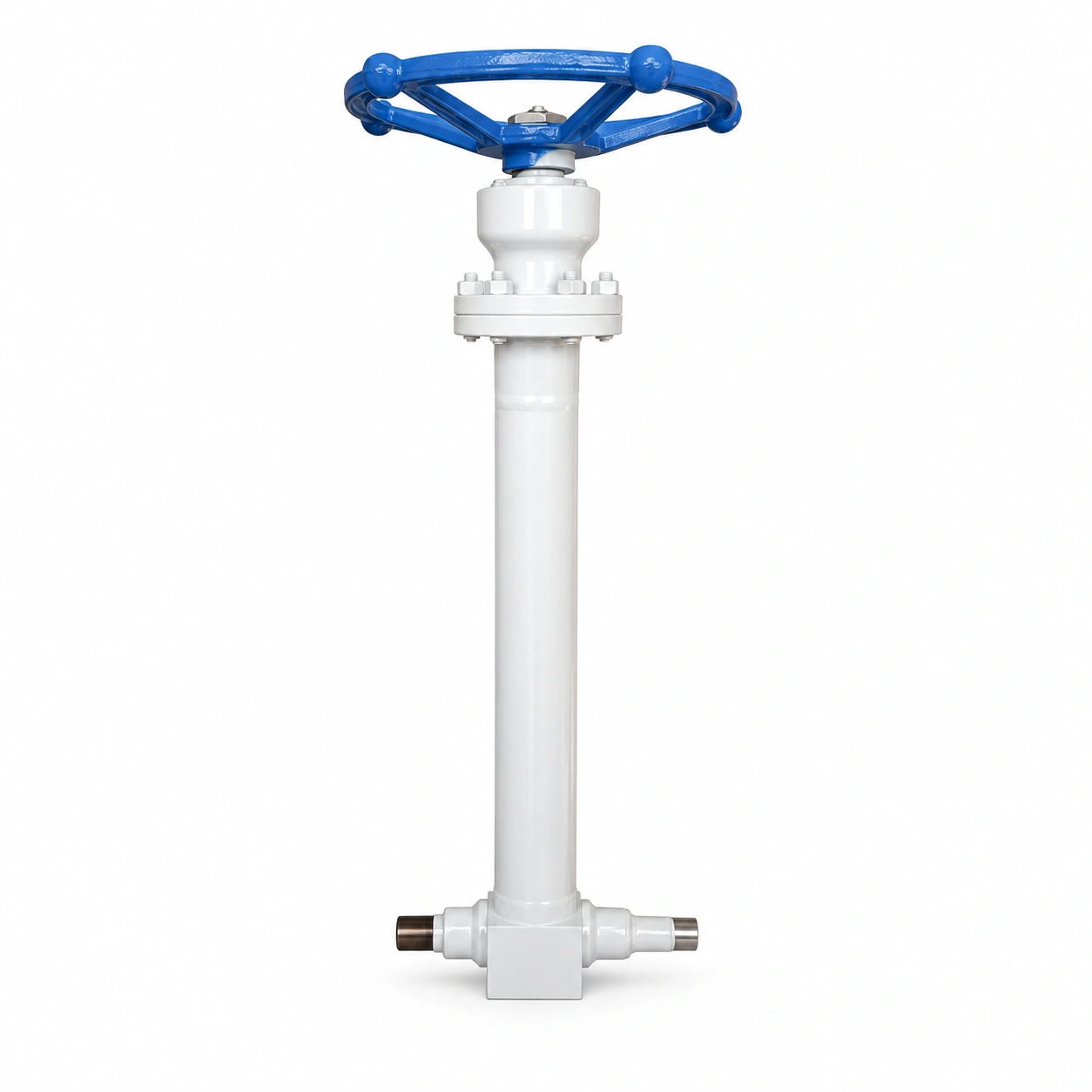 Liquid-hydrogen globe valve - reference-based product illustration showing a blue manual handwheel, a long white-coated extension and a compact lower body with two opposed metallic end stubs