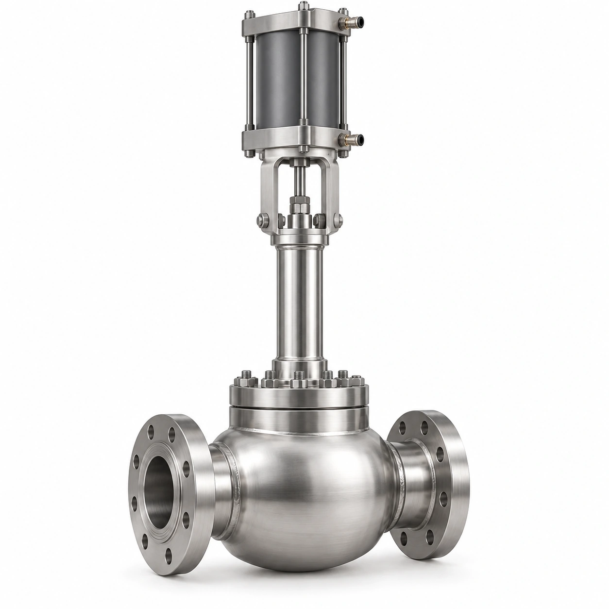 Vacuum-jacketed liquid-hydrogen pneumatic shut-off valve - illustrative assembly, two RF flanged line connections