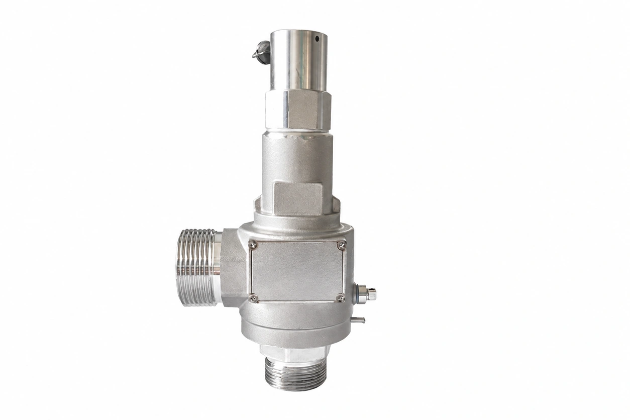 Liquid-hydrogen safety valve - reference-based product illustration showing a right-angle body with a horizontal male-threaded port, a downward male-threaded port and an upright cylindrical/hexagonal bonnet