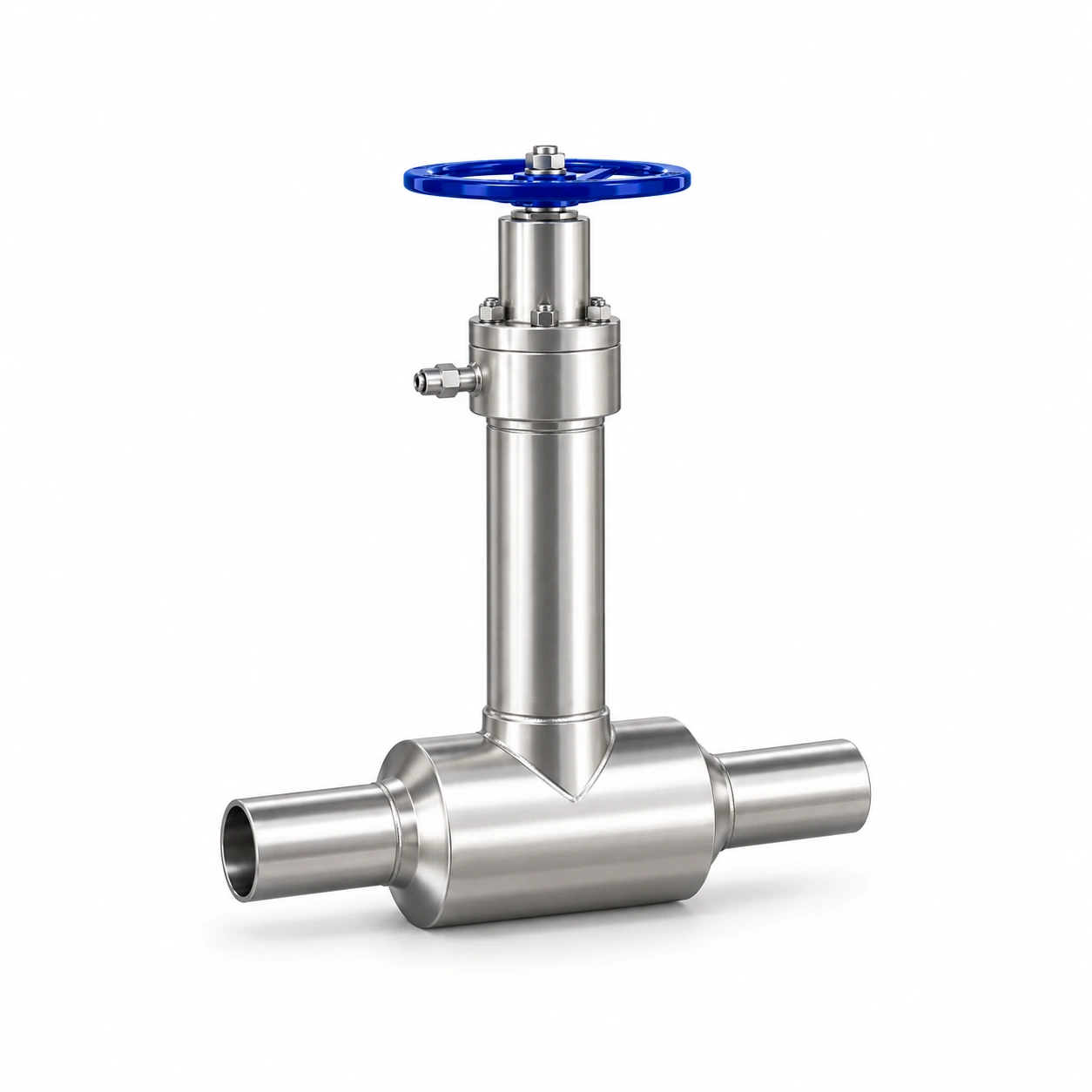 Vacuum-insulated liquid-hydrogen globe valve - illustrative assembly, a vacuum-jacketed extended globe body, two weld stubs and manual upper handwheel