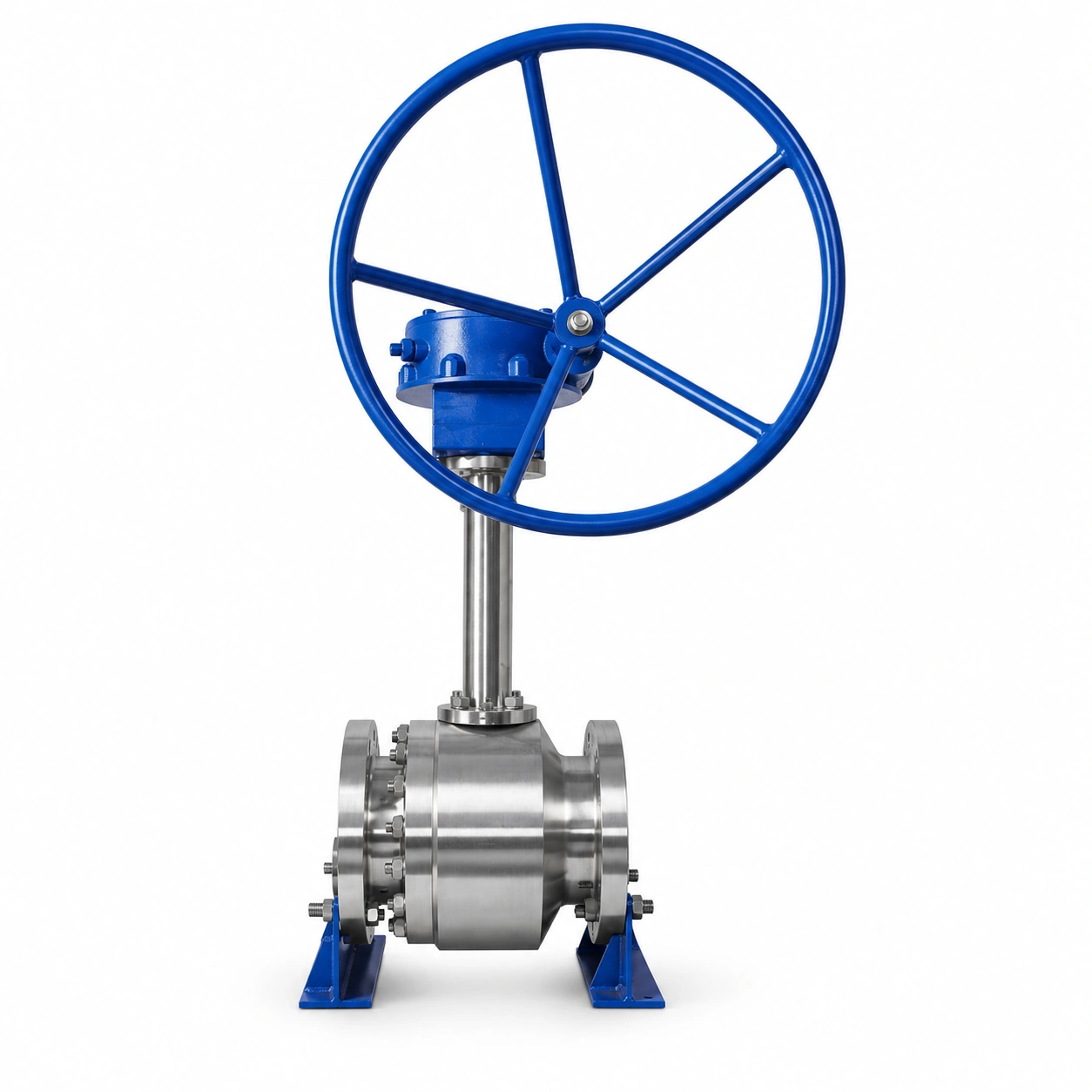PN-rated cryogenic trunnion ball valve · flanged - reference-based product illustration showing a side-entry flanged body, long exposed stem extension, blue worm gearbox with a five-spoke handwheel, and two blue support feet