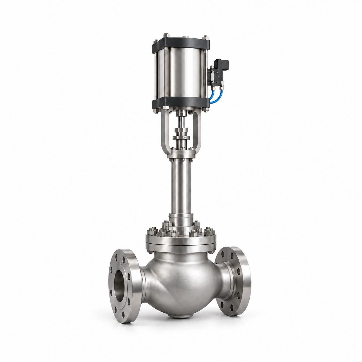 Pneumatic cryogenic globe valve - illustrative assembly, two RF flanged line connections