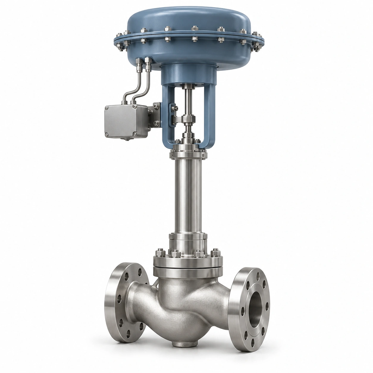 Pneumatic diaphragm cryogenic control valve - illustrative assembly, two RF flanged line connections