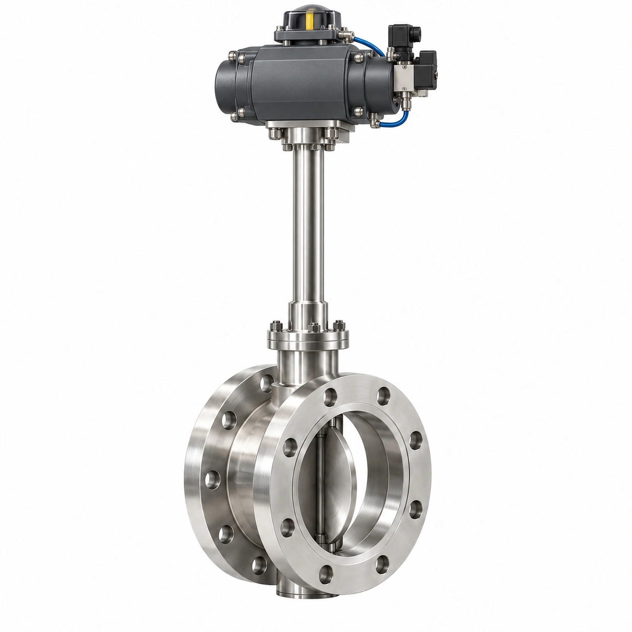 Pneumatic liquid-hydrogen butterfly valve - illustrative assembly, two RF flanged line connections