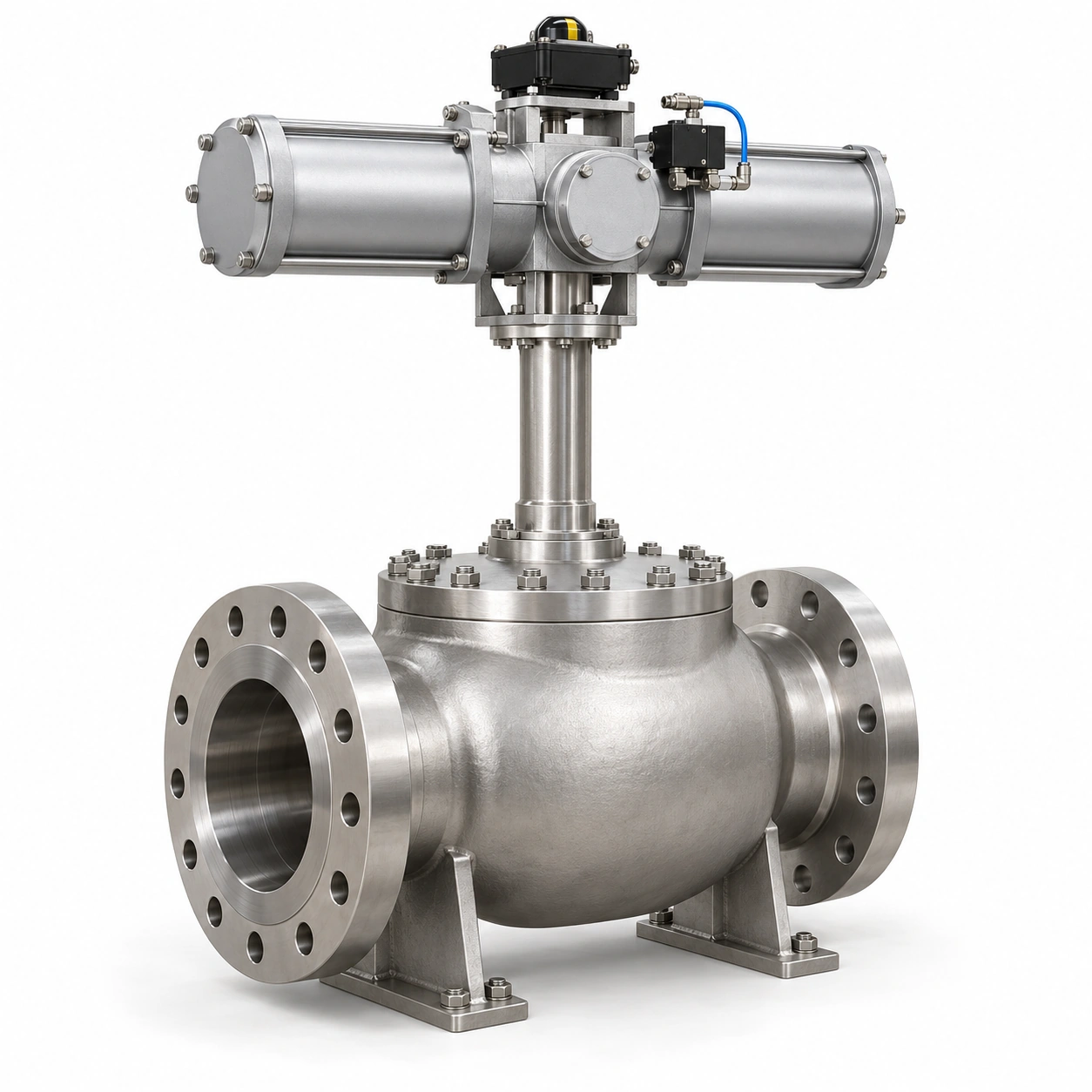 Pneumatic top-entry cryogenic trunnion ball valve - illustrative assembly, two RF flanged line connections