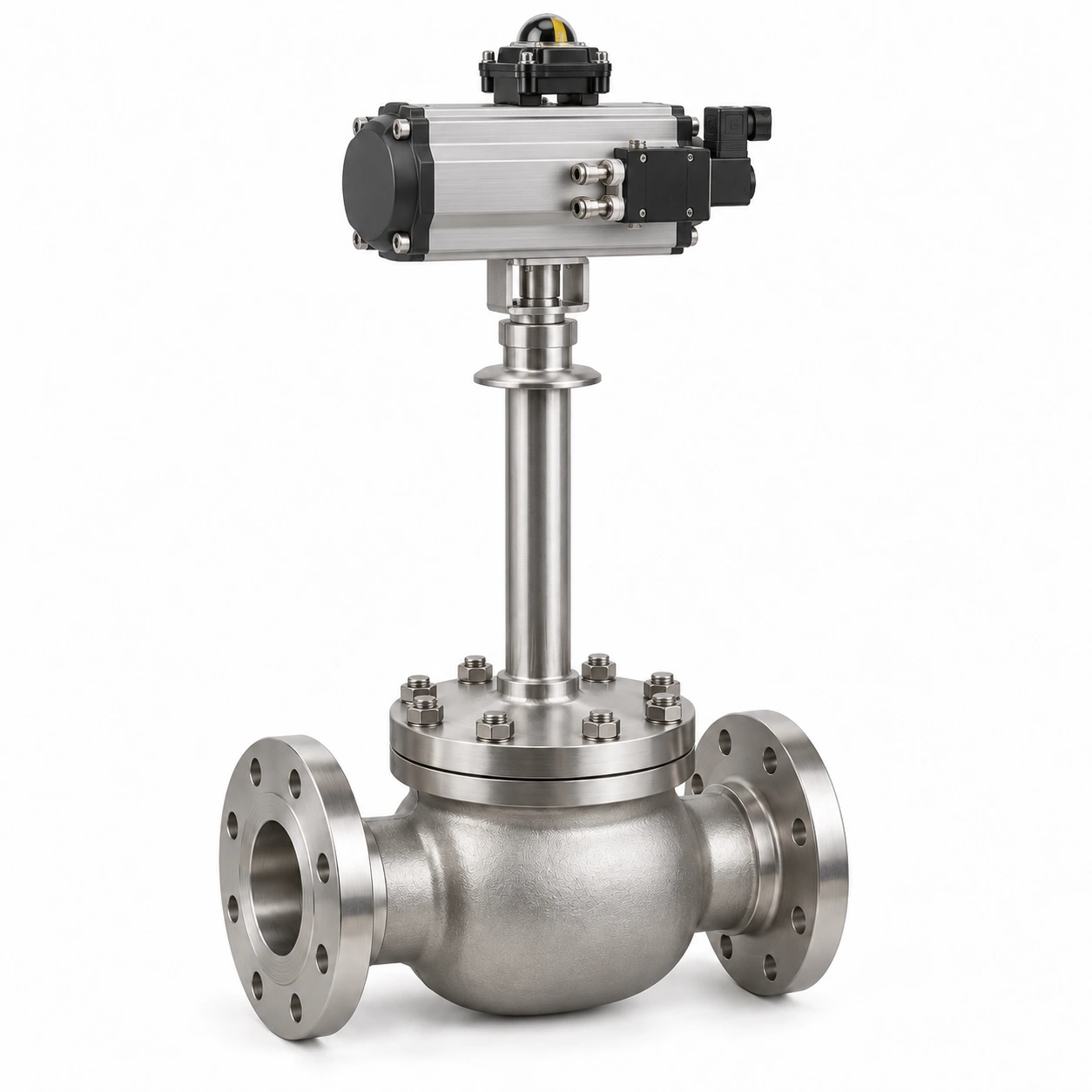 Pneumatic top-entry cryogenic floating ball valve - illustrative assembly, two RF flanged line connections
