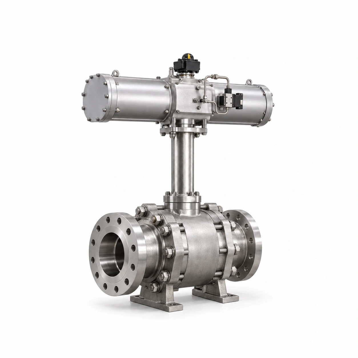 Pneumatic side-entry cryogenic trunnion ball valve - illustrative assembly, two RF flanged line connections