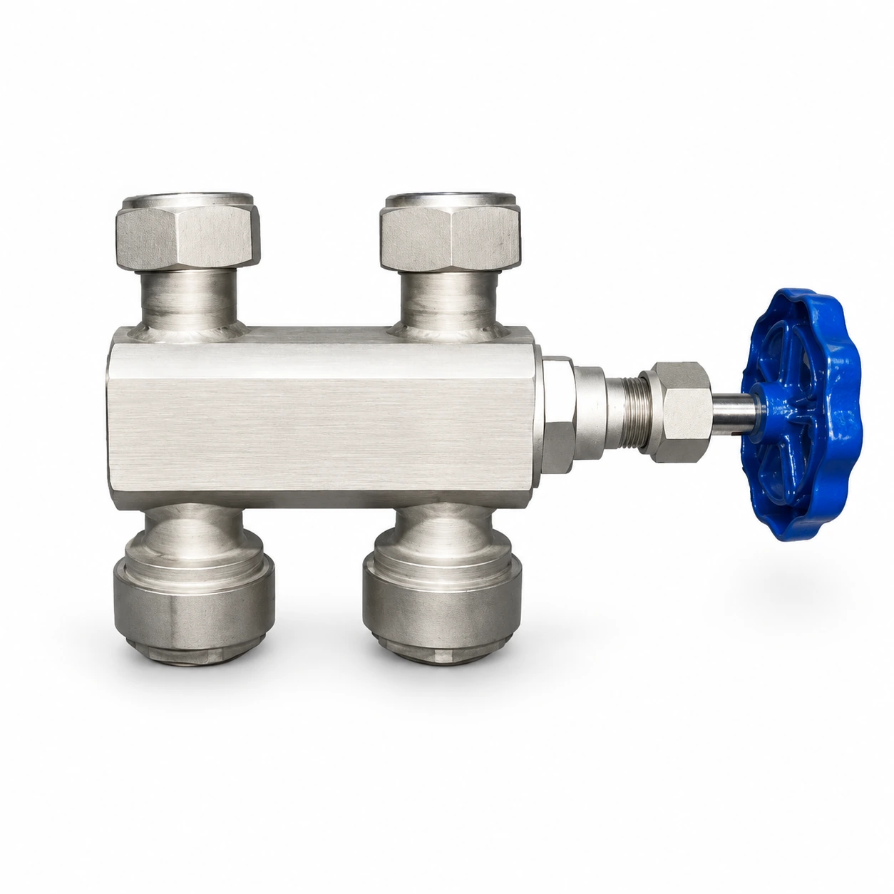 Three-way globe valve with protective device — reference-based product illustration, Butt weld (BW)