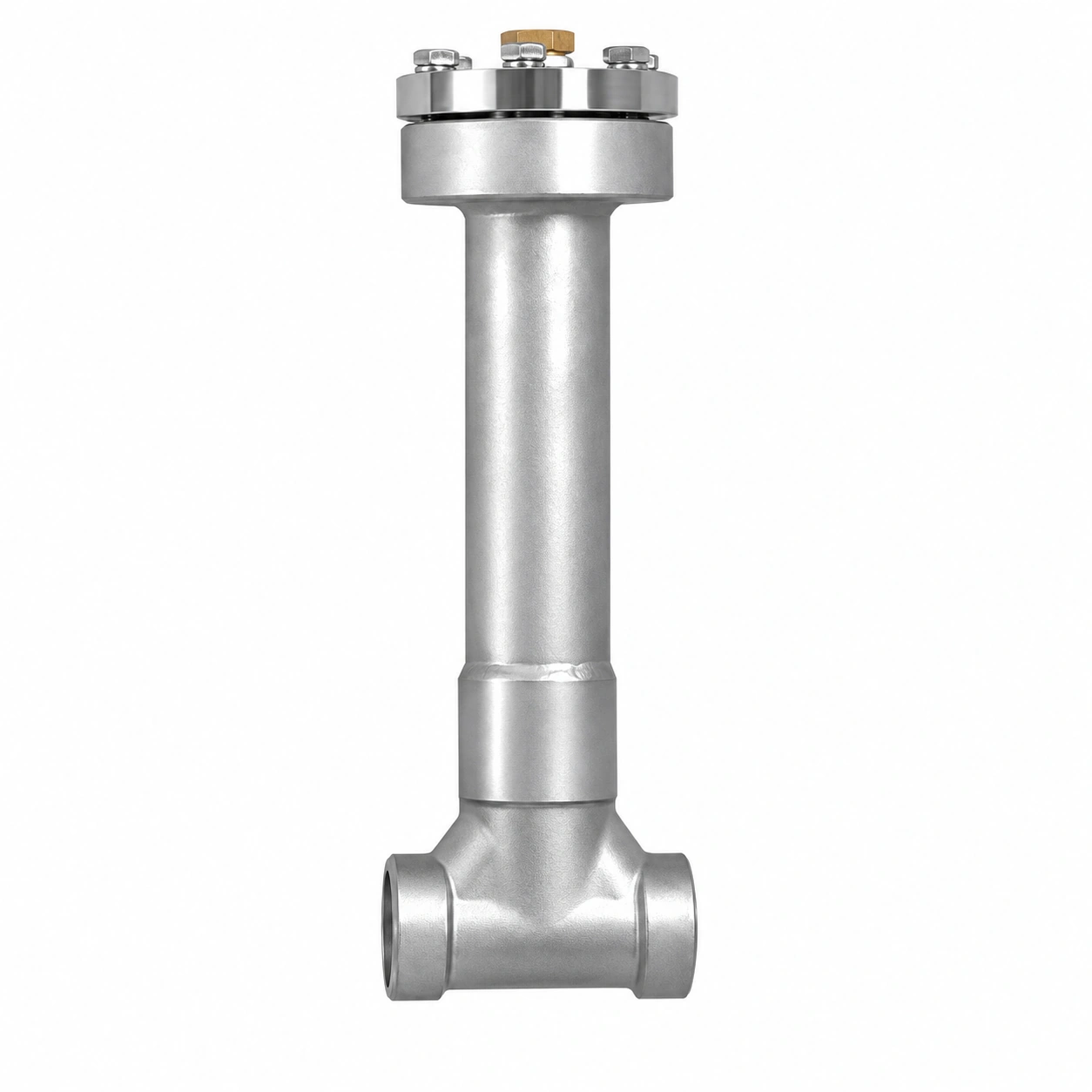 Vacuum-jacketed cryogenic lift check valve - reference-based product illustration showing two opposed short end stubs beneath a tall cylindrical insulating jacket and bolted cap; no handwheel or actuator